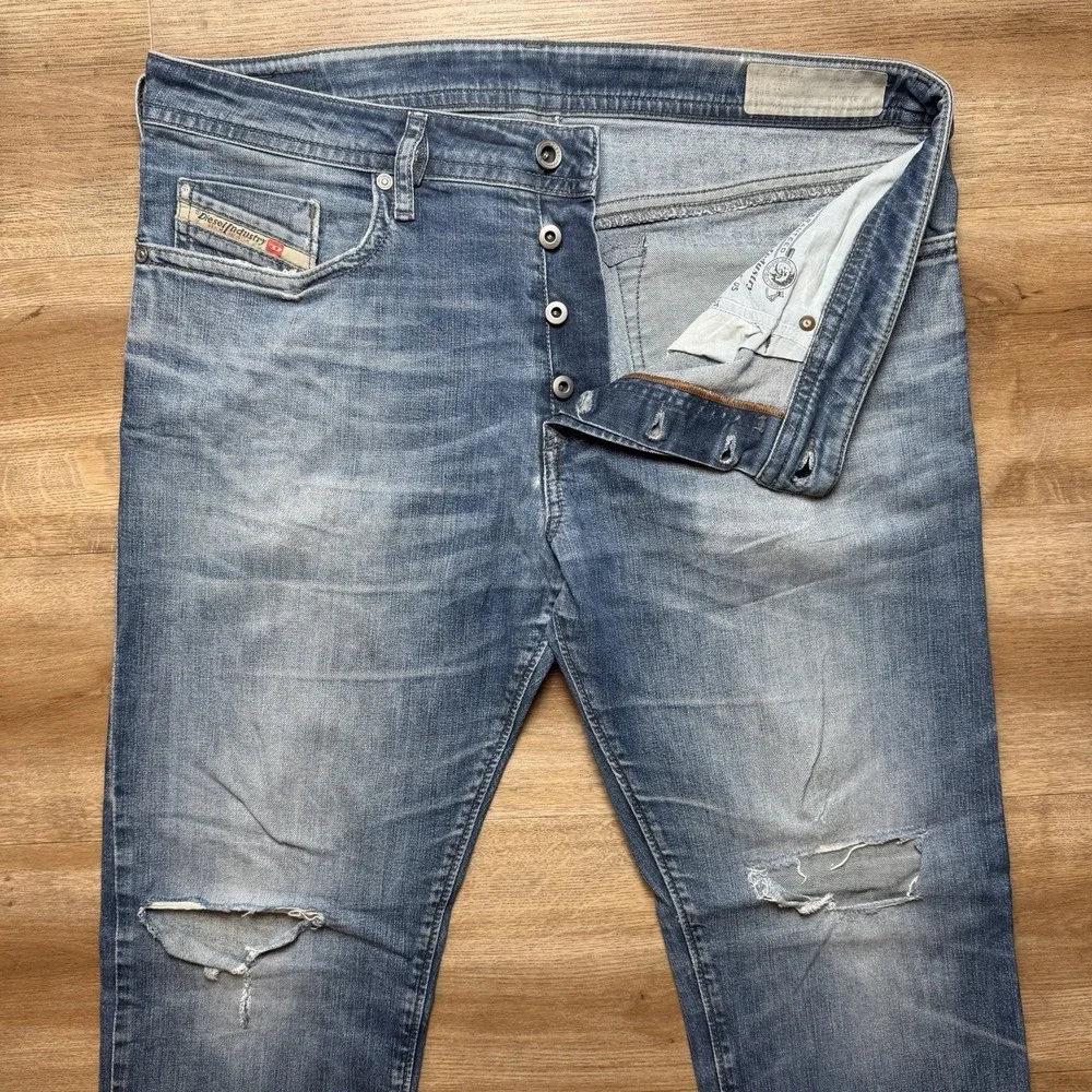 Diesel Buster Jeans Men 34x30 Blue Slim Tapered Stretch Destroyed Rock 0853R